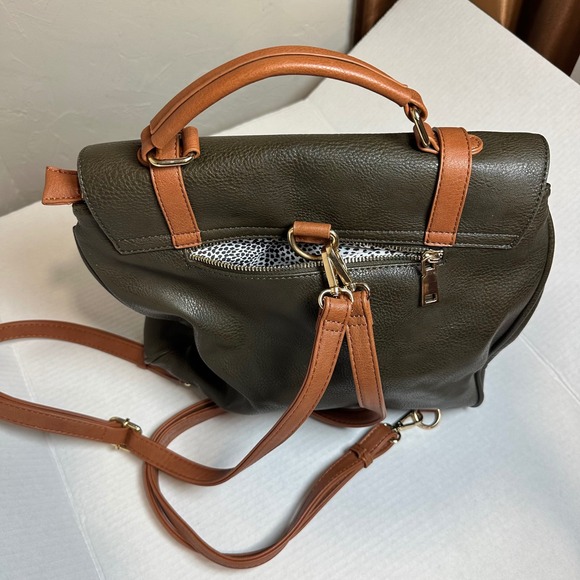 MMS Olive Green Cognac Brown Vegan Leather Convertible Backpack Satchel Bag - Picture 4 of 12